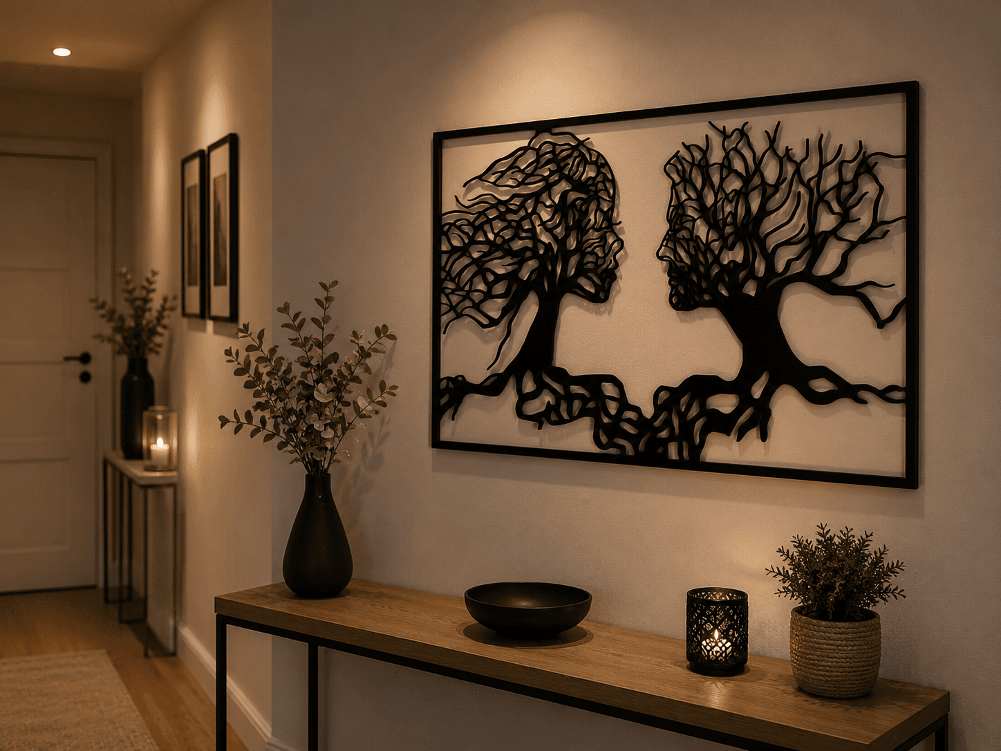 Décoration murale Arbre de Vie en bois installée dans une entrée contemporaine, mettant en valeur le relief des silhouettes et des branches, fabrication artisanale par Création50.