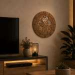 Horloge murale Rouage en bois avec engrenages apparents, présentée dans un salon contemporain au style industriel, fabrication artisanale par Création50.