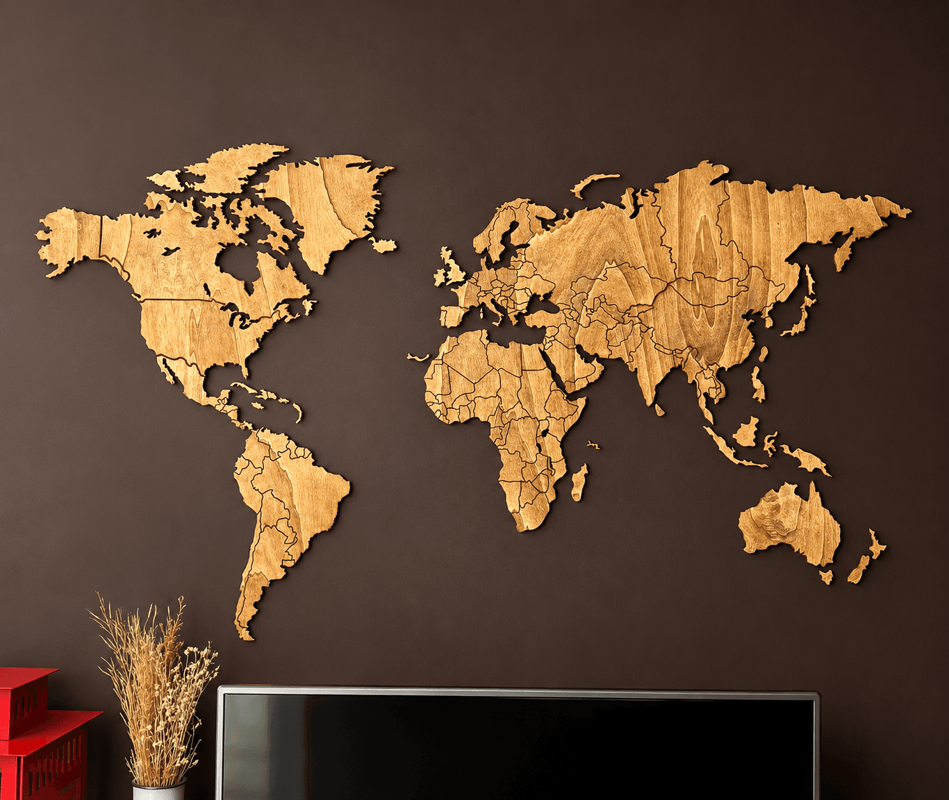 Planisphère mural en bois représentant la carte du monde avec continents découpés, fabrication artisanale par Création50.