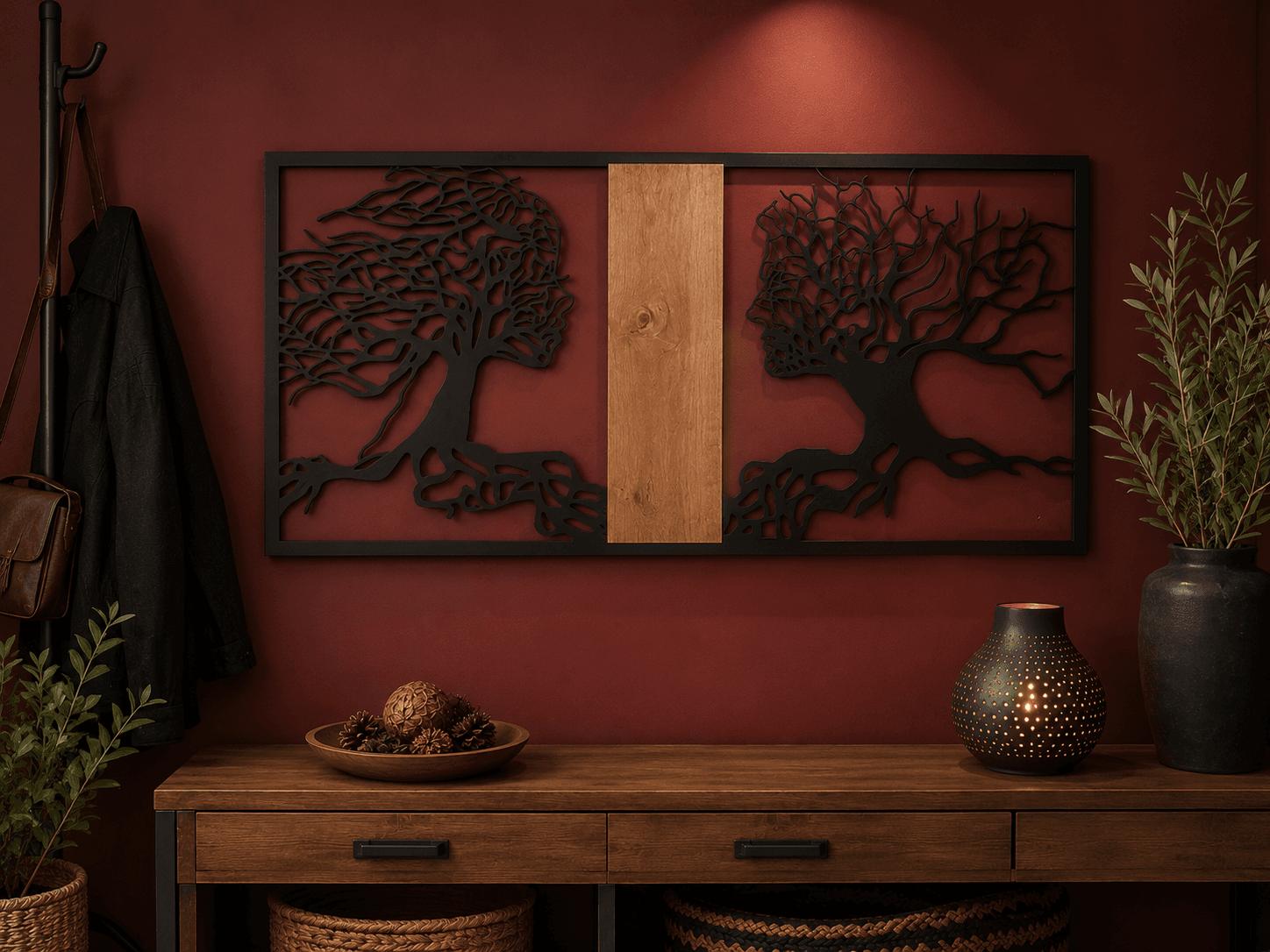 Décoration murale Arbre de Vie en bois installée dans une entrée, avec un insert central en bois massif mettant en valeur le contraste entre les silhouettes et le décor, fabrication artisanale par Création50.