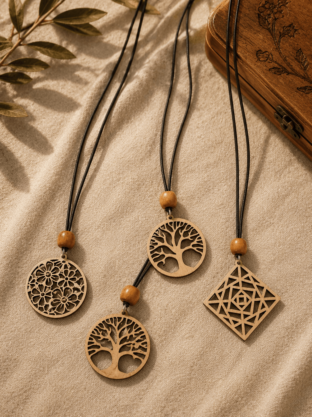 Collection de pendentifs artisanaux en bois comprenant des modèles arbre de vie, motifs floraux et formes géométriques, fabriqués à la main par Création50.
