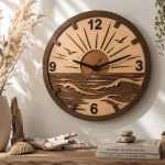 Horloge murale Horizon en bois représentant un paysage marin avec soleil, vagues et oiseaux, fabrication artisanale par Création50.