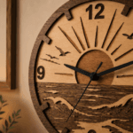 Gros plan sur l'horloge murale Horizon en bois mettant en valeur le soleil levant, les vagues, les oiseaux et les finitions artisanales de Création50.