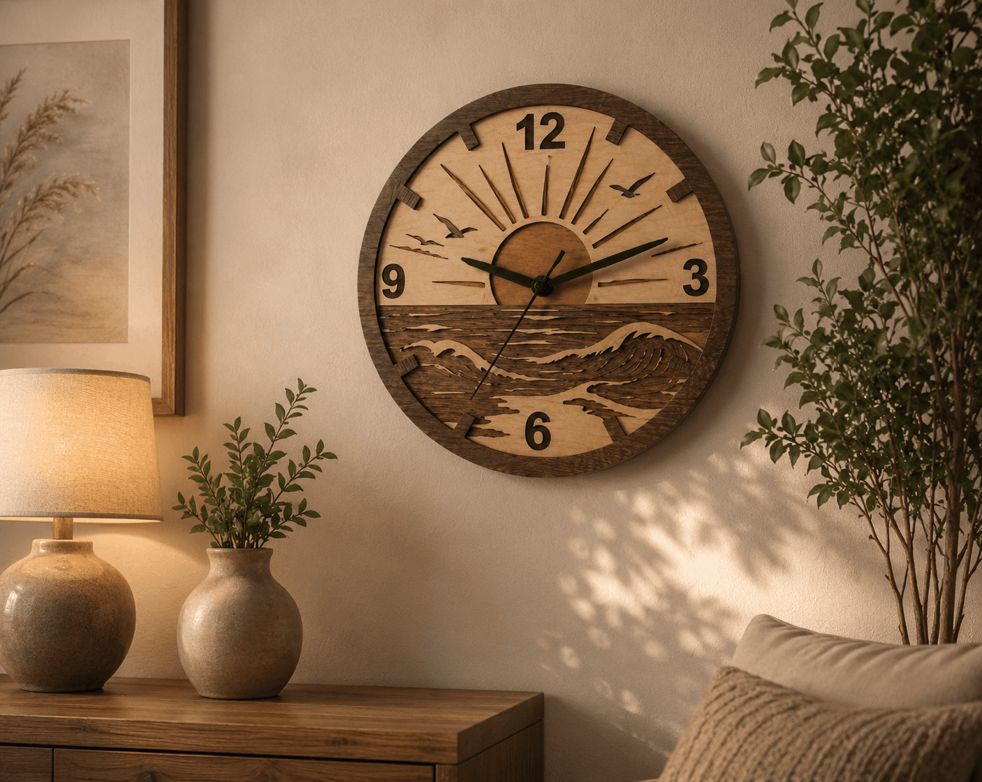 Horloge murale Horizon en bois représentant un paysage marin avec soleil levant, vagues et oiseaux, présentée dans un intérieur contemporain, fabrication artisanale par Création50.