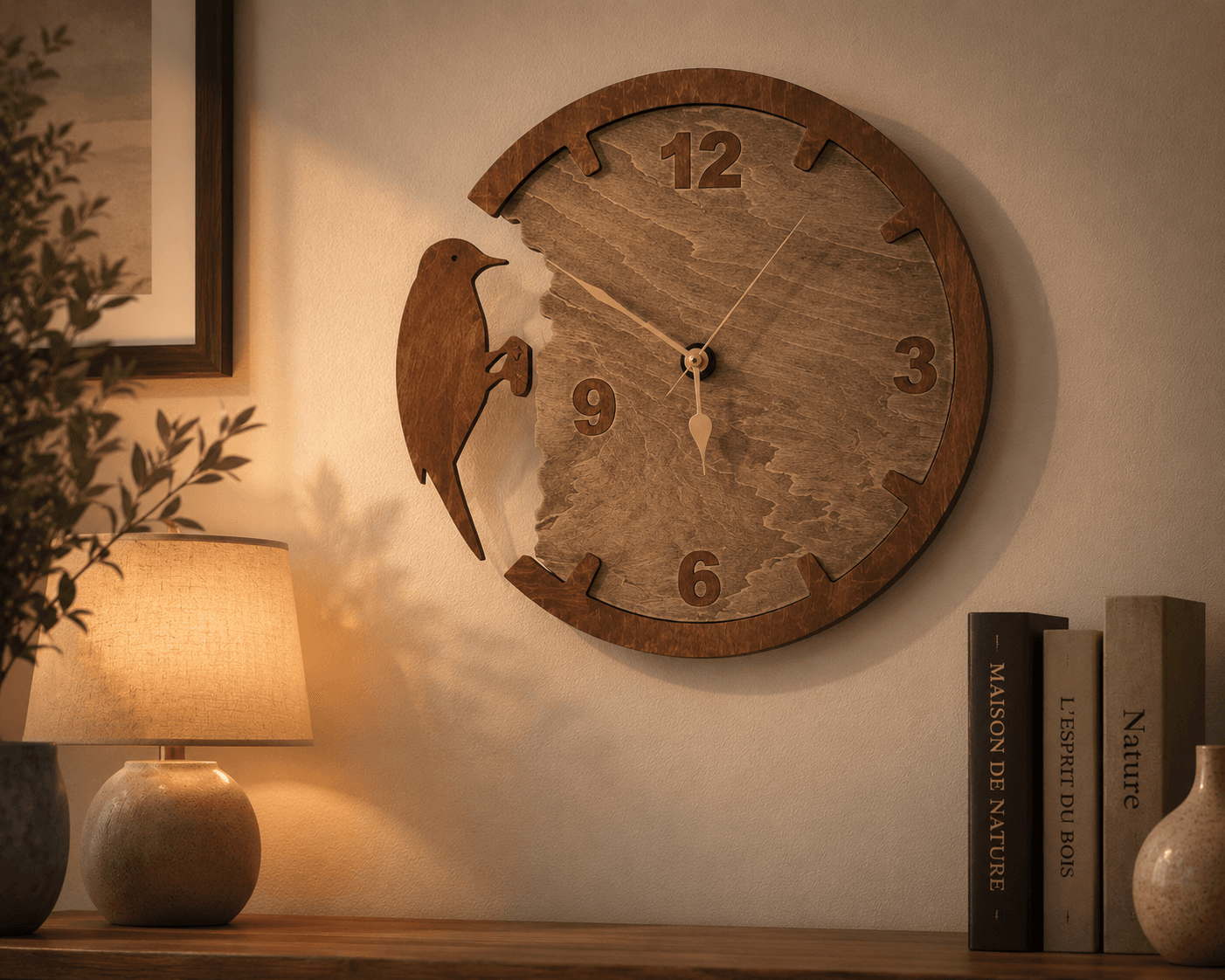 Horloge murale Oiseau en bois avec silhouette d'oiseau et effet de relief, présentée dans un intérieur contemporain, fabrication artisanale par Création50.