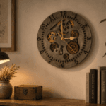 Horloge murale Rouage en bois avec engrenages apparents, présentée dans un intérieur au style industriel, fabrication artisanale par Création50.