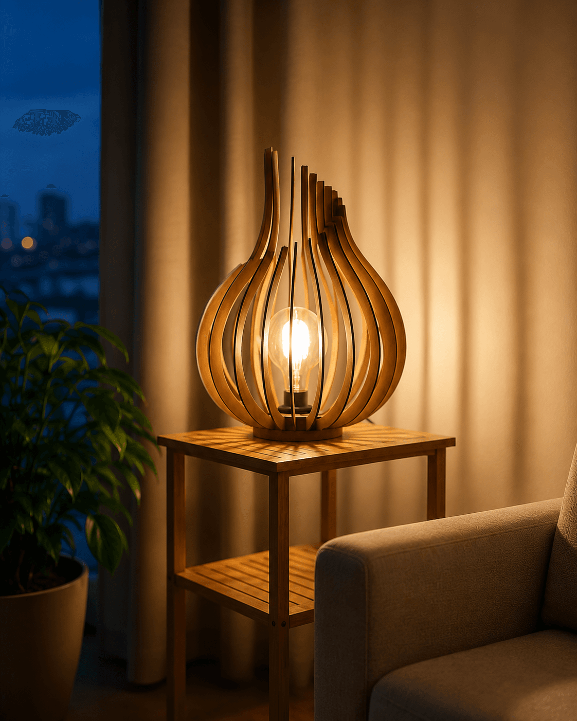Lampe Flamme en bois fabriquée artisanalement par Création50, présentée allumée dans un intérieur contemporain.
