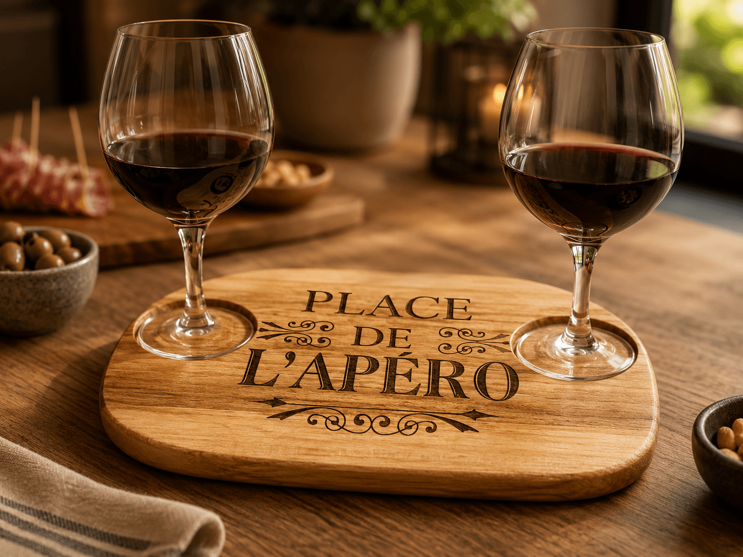 Planche apéritif en bois personnalisée par gravure, idéale pour le service et les cadeaux, fabrication artisanale par Création50.