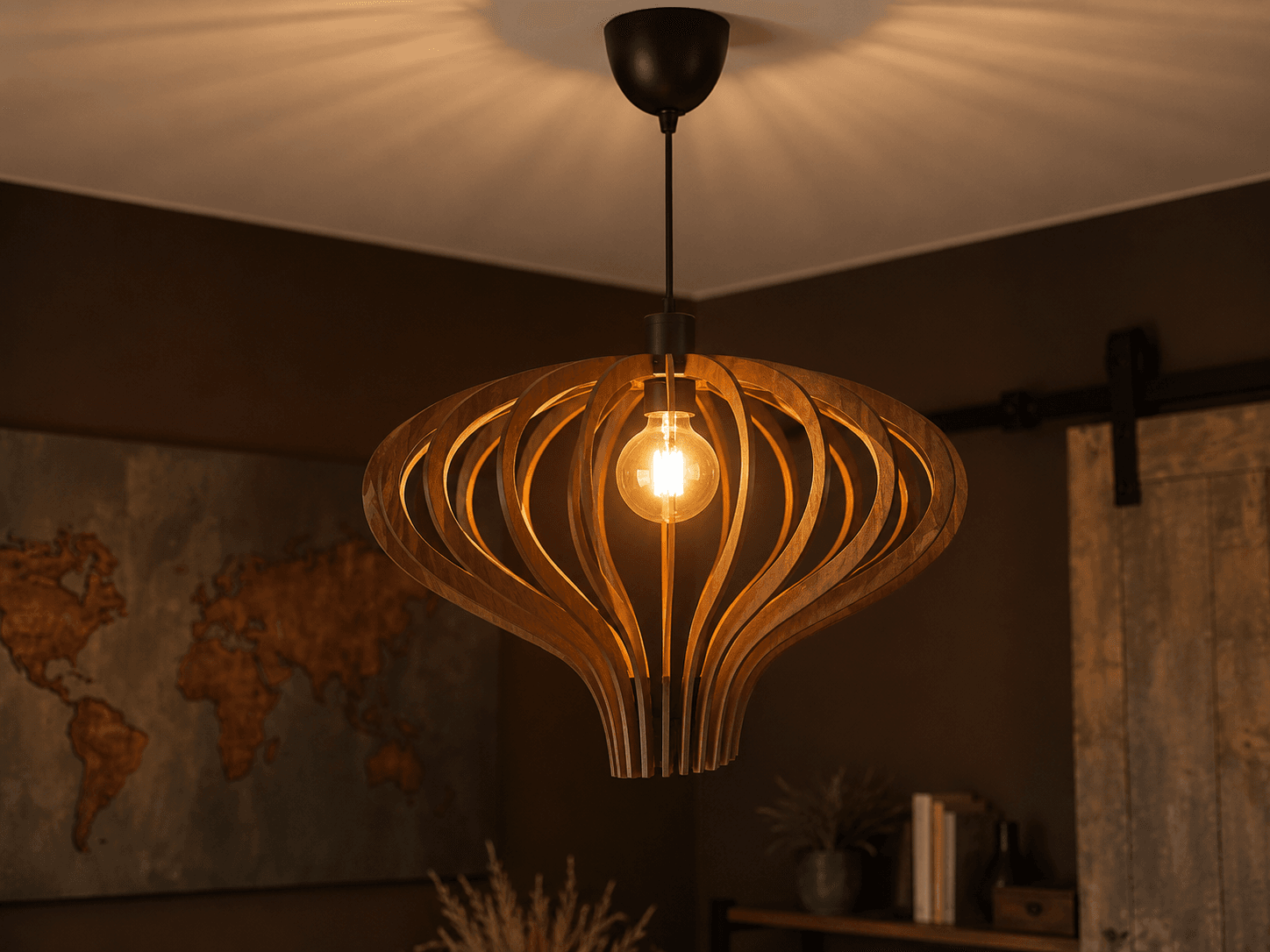 Suspension Flamme en bois allumée dans un intérieur contemporain, fabrication artisanale par Création50.