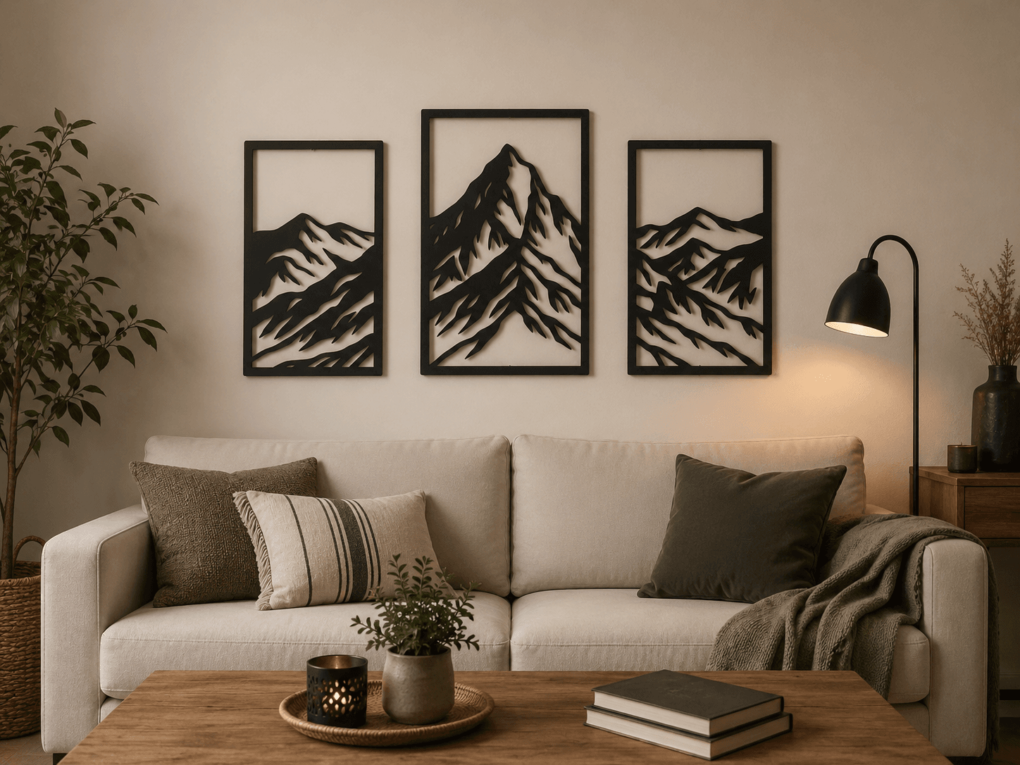 Triptyque mural Cimes en bois représentant une chaîne de montagnes répartie sur trois panneaux encadrés, fabrication artisanale par Création50.