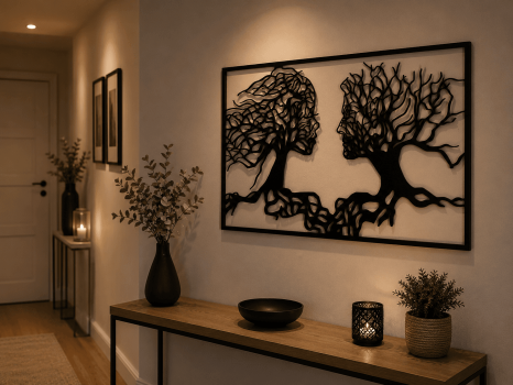 Décoration murale Arbre de Vie en bois installée dans une entrée contemporaine, mettant en valeur le relief des silhouettes et des branches, fabrication artisanale par Création50.