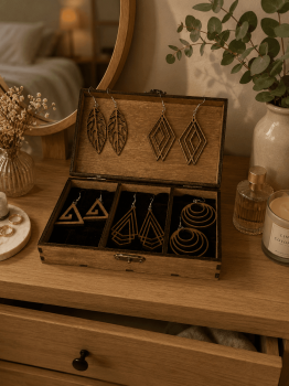 Coffret cadeau en bois présentant une sélection de boucles d'oreilles artisanales Création50, idéal pour offrir des bijoux en bois avec élégance.