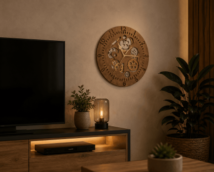 Horloge murale Rouage en bois avec engrenages apparents, présentée dans un salon contemporain au style industriel, fabrication artisanale par Création50.